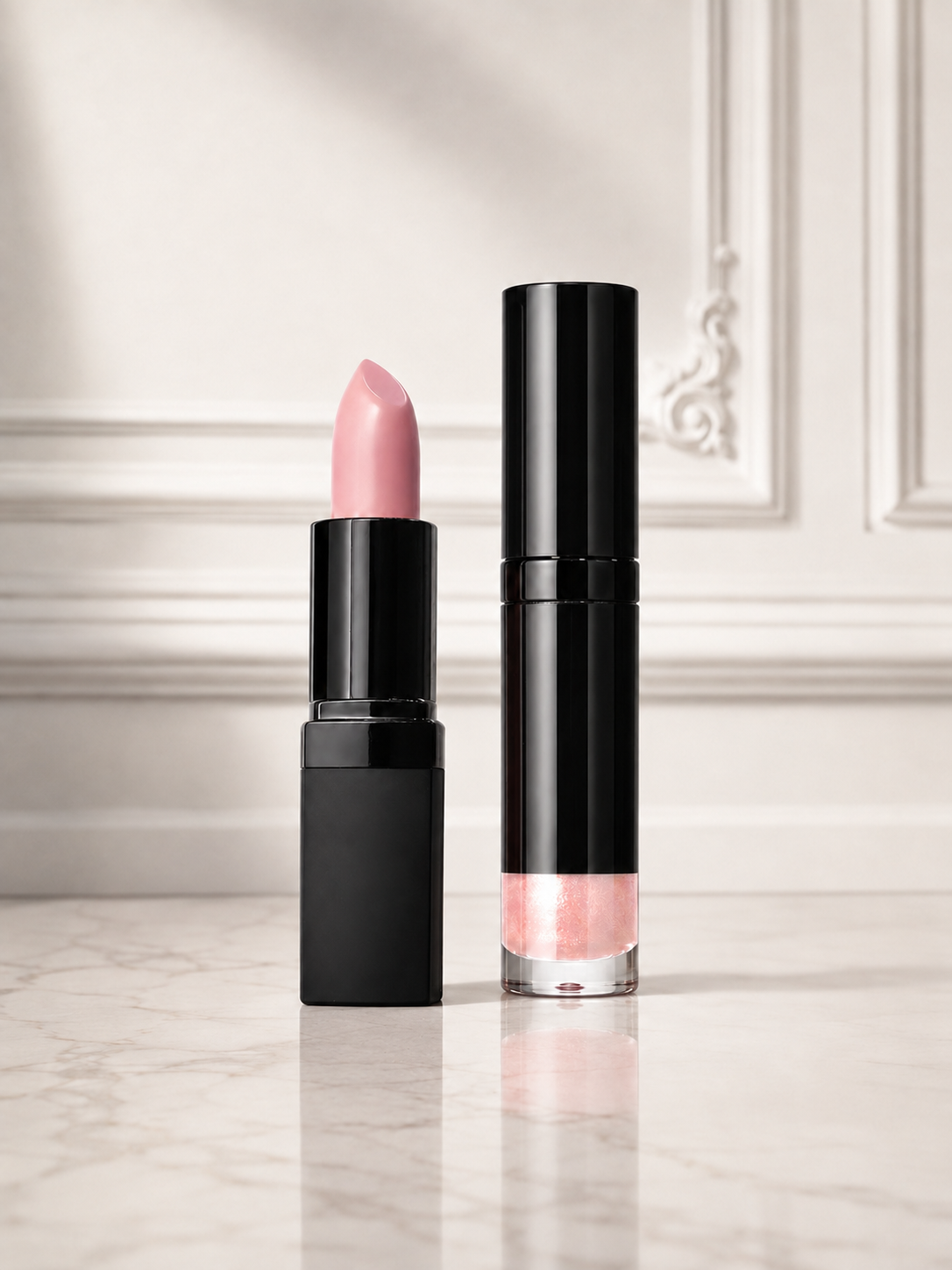 Wildflower Glass-Shine Lip Duo with nude-pink lipstick and luminous gloss